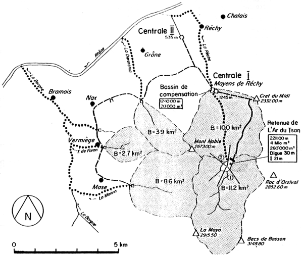 Fig. 8 - Progetto di derivazione dei torrenti la Reche e le Bourge, nel Vallese (CH). Punteggiati i tratti di corso d acqua con portata derivata. A tratto i condotti di derivazione.