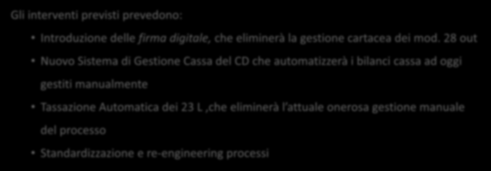 processo Lavorazione Interne e Semplificazione T&T Gli interventi previsti prevedono: Introduzione delle firma digitale, che eliminerà la gestione cartacea dei mod.