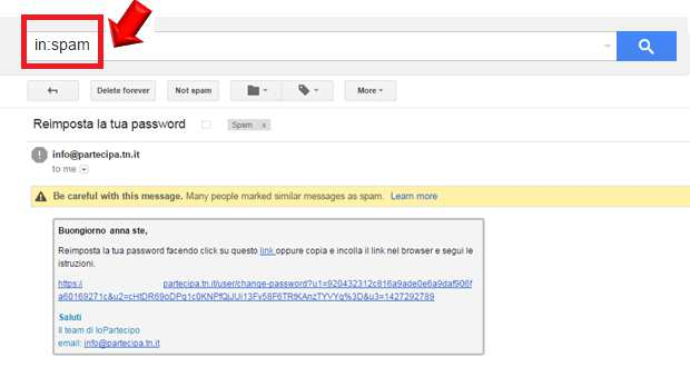 Se per qualche motivo non si riceve il messaggio di posta elettronica, occorre verificare che nella cartella spam del proprio account di posta, non sia presente una email proveniente da