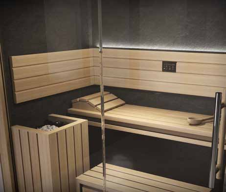 sasha-mi sauna hammam +doccia emozionale Sauna Interno completamente realizzato in legno massello atermico naturale. Pareti in laminato hpl ad alta pressione.