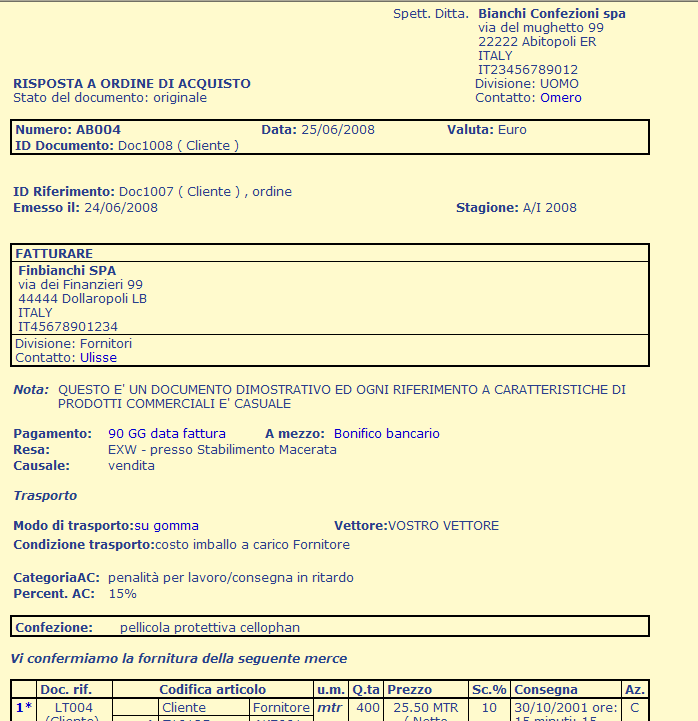 Gli elementi dell architettura ebiz 1. PROCESSI: una descrizione dei principali PROCESSIdi riferimento e relative attività (fornitura tessuti, vendor managed inventory, lavorazione conto terzi, 9) 2.