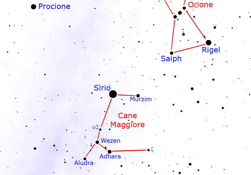 Il Cane Maggiore Sirio è la stella principale della costellazione del Cane Maggiore; ad ovest di Sirio si trova Murzim, una stella di seconda magnitudine che con la stessa Sirio rappresenta il muso