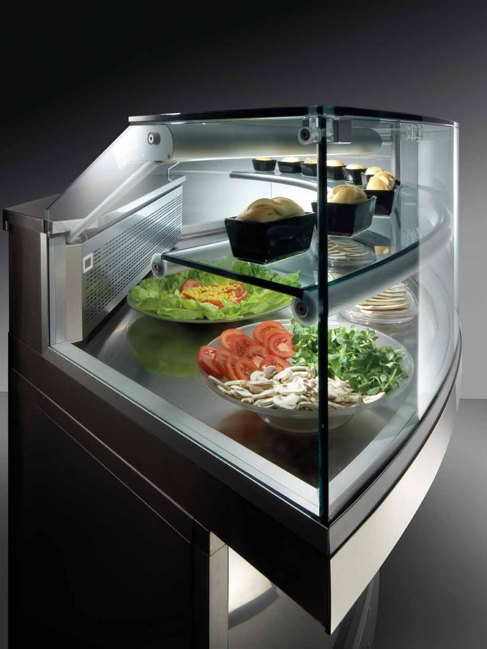 VETRINA DISPLAY CURVA 90 90 CURVED REFRIGERATED UNIT VETRINA CURVA 90 / 90 CURVED DISPLAY Struttura in tubolare di alluminio anodizzato argento con piedini regolabili, piani e pareti in acciaio inox,