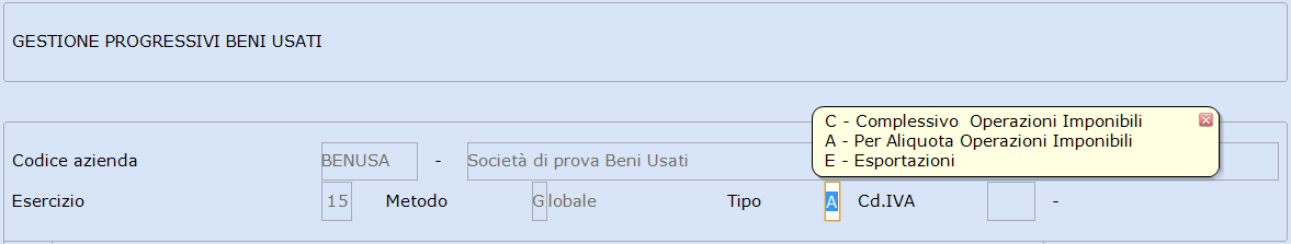 Aggiornamento tabella Progressivi Beni Usati La tabella è presente nella scelta 11/12/13-02-14-14 " Progressivi Beni Usati" e si presenta come segue: Elenco campi: <Codice Azienda>; <Esercizio>;