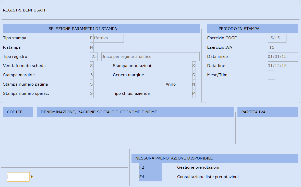 sono i seguenti : <Tipo stampa> valorizzato a Effettiva o Simulata <Ristampa> valorizzato a S oppure N ; rispondendo S il programma stampa solo quei