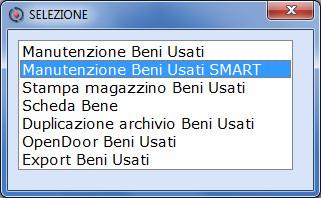 ALTRE GESTIONI BENI USATI Le altre gestioni relative ai beni usati possono essere eseguite dalla scelta di menu 11/12/13-01-08 "Beni Usati".