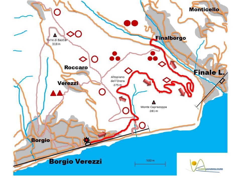 Il tracciato scende gradualmente tra i lecci e i tipici arbusti della macchia fino a confluire col sentiero proveniente da Verzi (segnavia rombo rosso vuoto).