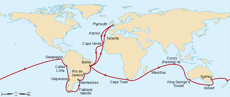 Nel suo viaggio visitò le isole di Capo Verde, le Isole Falkland, le Isole Galápagos e l'australia.