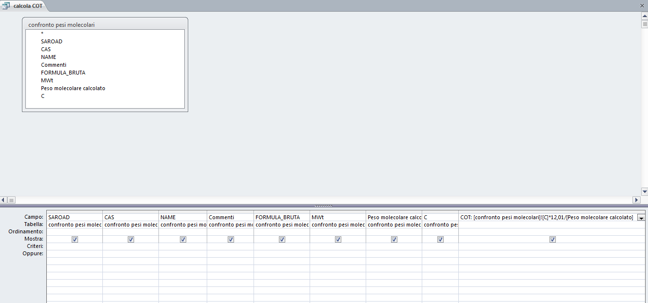 Calcolo del coefficiente per passare da COT a COV Tramite la query calcola COT, che si fonda sulla tabella confronto pesi molecolari vista sopra, si