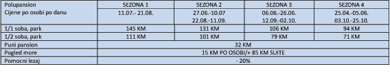 krevetu -20%; Napomena: doplata za kraći boravak + 20%.