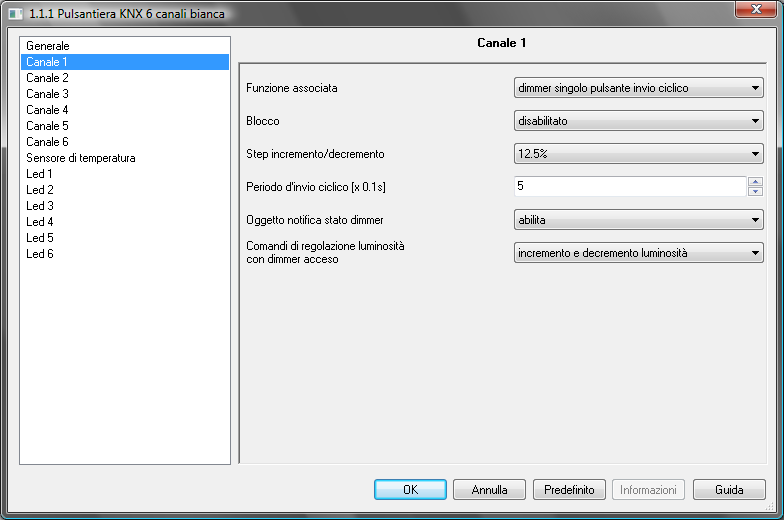 7 Funzione dimmer singolo pulsae invio ciclico Permette di configurare il canale per corollare un dimmer con un singolo pulsae, regolando in salita e in discesa la luminosità del dimmer sempre con lo