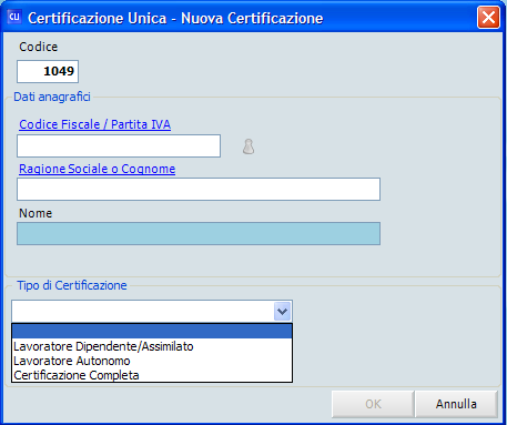 In fase di creazione di un nuovo modello viene visualizzata la finestra Nuova certificazione simile a quella riportata a fianco.