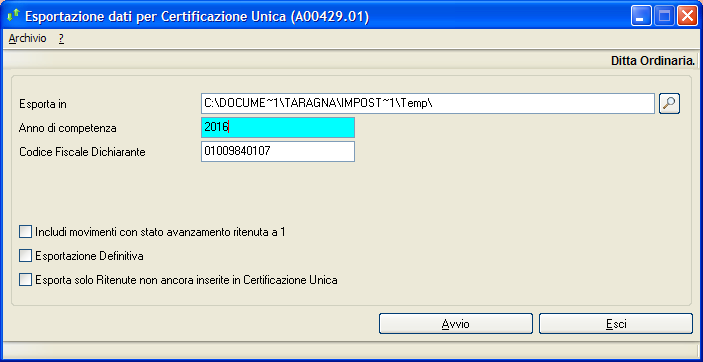 Esportazione per certificazione unica Selezionando in sequenza Ritenute Esportazione per certificazione unica viene proposta una videata simile alla seguente.