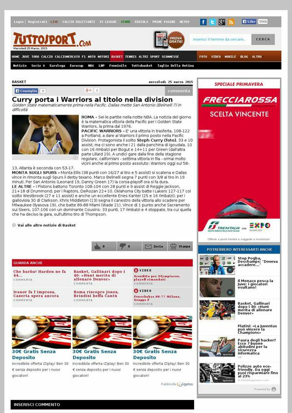 25 marzo 2015 tuttosport.com Curry porta i Warriors al titolo nella division Golden State matematicamente prima nella Pacific. Dallas mette San Antonio (Belinelli 7) in difficoltà.