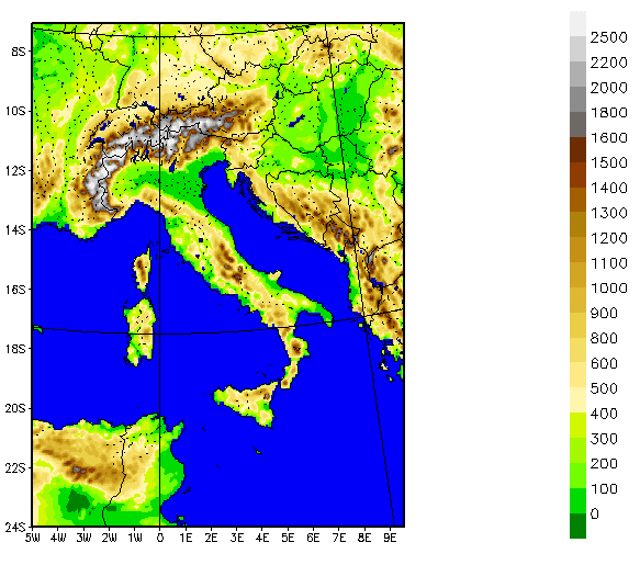 Input meteo Modello LAMI: Versione italiana del modello non-idrostatico ad area limitata Lokal Modell Risoluzione orizzontale 7 km LAMI gira due volte al giorno ad ARPA-SIM Per la hindcast (analisi