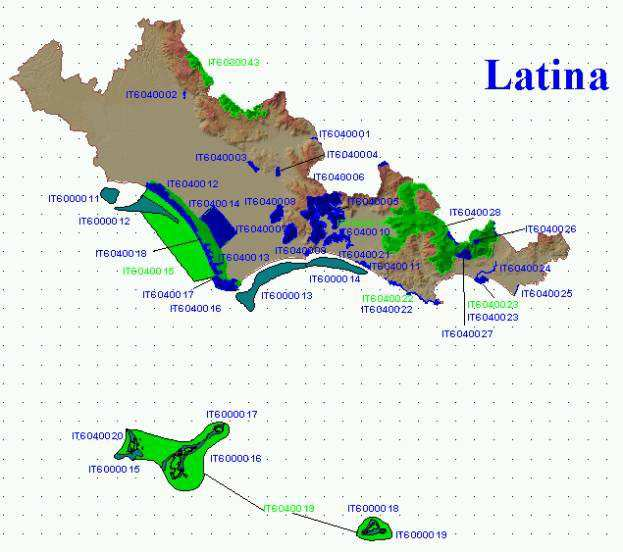 Figura VII.1 - SIC e ZPS nella Provincia di Latina ai sensi della Delibera n. 2146 del 1999. FONTE: Regione Lazio Con Deliberazione di Giunta Regionale del 19 luglio 2005, n.