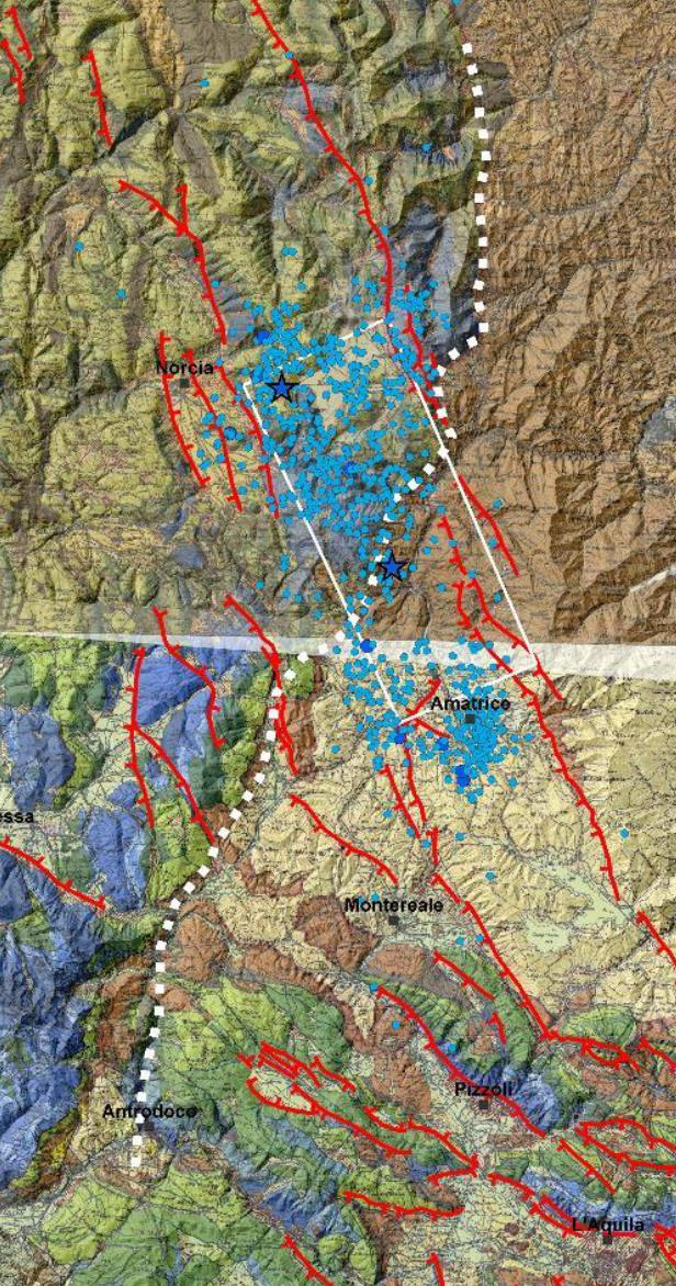 132 139 Cartografia geologica dell area epicentrale (CARG 1:100.000) In puntinato azzurro la sismicità al 27/8/2016; le stelle indicano gli epicentri delle scosse principali.