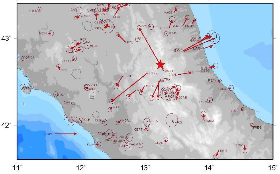 Prime osservazioni GPS degli spostamenti cosismici (frecce rosse) orizzontali