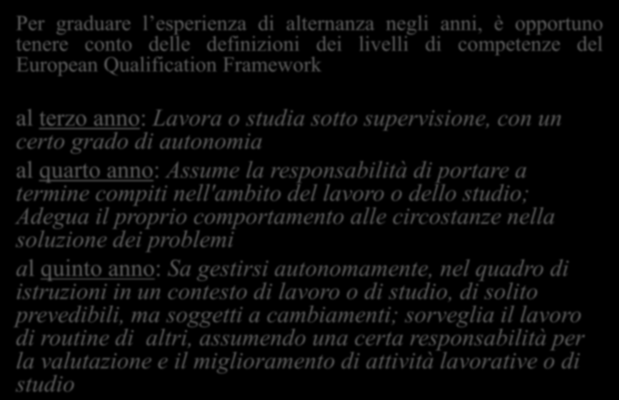 ALTERNANZA SCUOLA LAVORO: le COMPETENZE Per graduare l esperienza di alternanza negli anni, è opportuno tenere conto delle definizioni dei livelli di competenze del European Qualification Framework