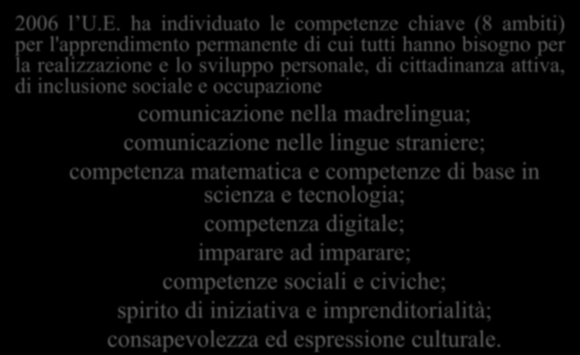 ALTERNANZA SCUOLA LAVORO: le COMPETENZE 2006 l U.E. ha individuato le competenze chiave (8 ambiti) per l'apprendimento permanente di cui tutti hanno bisogno per la realizzazione e lo sviluppo