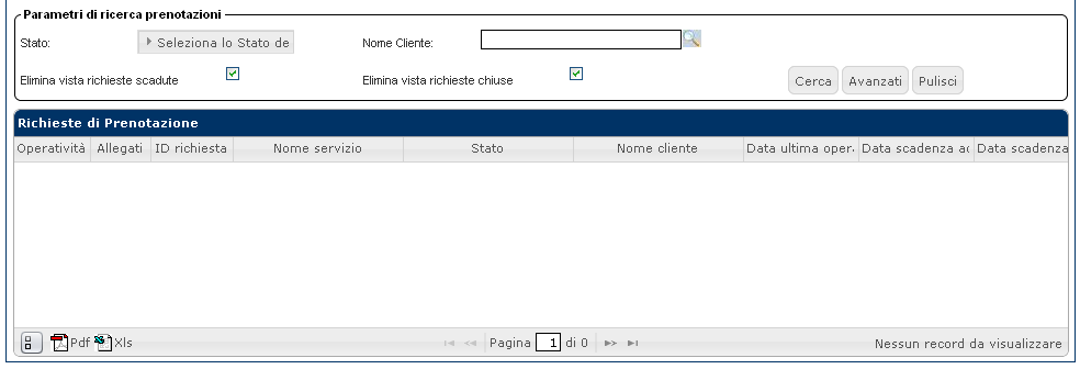 È possibile filtrare la ricerca per nome cliente o stato della prenotazione.