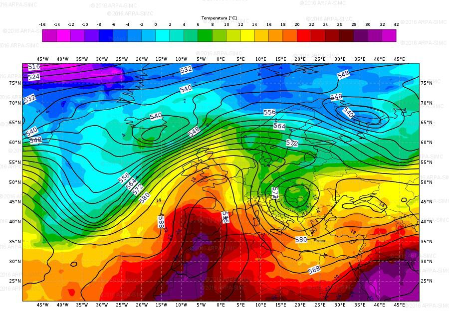 Mappa di analisi (da modello IFS-ECMWF) di temperatura, geopotenziale e vento a 500 hpa del 06/09/2016 alle 00:00 UTC.