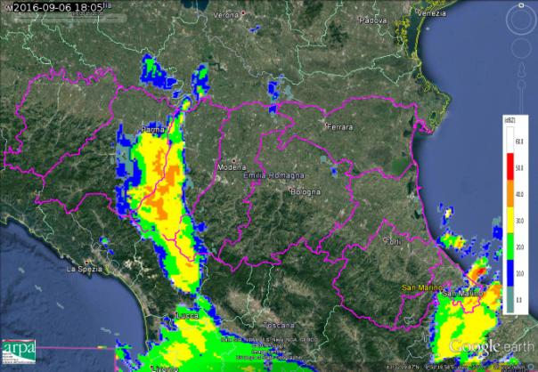 Reggio-Emilia interessando parzialmente anche il parmense. Alle 19:00 UTC i sistemi fuoriescono definitivamente dal territorio regionale. Figura 8.