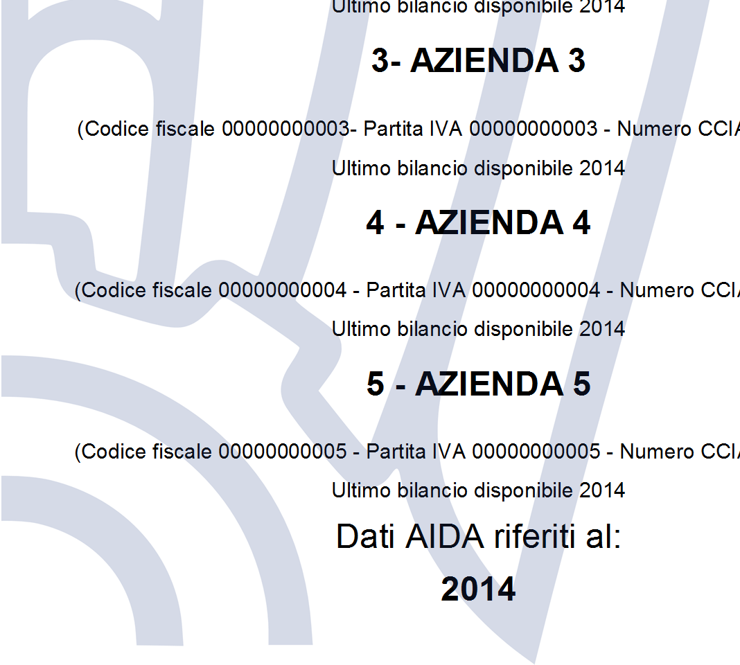 2014 3- AZIENDA 3 (Codice fiscale 00000000003- Partita IVA 00000000003 - Numero CCIAA MI0000003) Ultimo bilancio disponibile 2014 4 - AZIENDA 4 (Codice fiscale 00000000004 - Partita IVA 00000000004 -