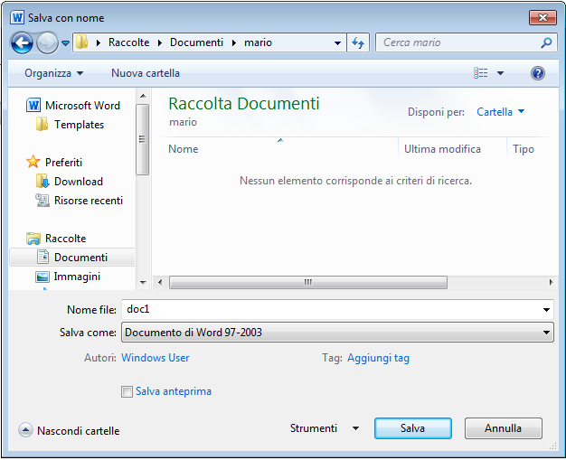 Anche se non abbiamo scritto ancora nulla facciamo prima il Salva con nome.