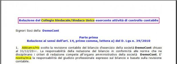 Relazione del Collegio Sindacale / Sindaco Unico Struttura del documento Relazione del Collegio Sindacale / Sindaco Unico Il documento è composto da: un testo base, lo stesso per ogni ditta.