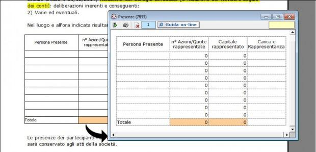 i prospetti Presenze (da compilare inserendo i dati delle persone presenti, il n delle Azioni o Quote rappresentate, il Capitale rappresentato e la relativa Carica)