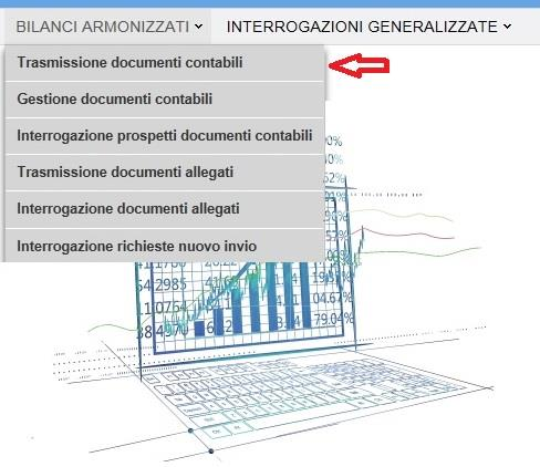 Effettuato l accesso all applicazione Bilanci Armonizzati, cliccare nel menù Bilanci Armonizzati e selezionare la voce di menù Trasmissione documenti contabili, come di seguito mostrato.