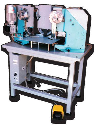 Four heads eyeleting machine for fixing the eyelets on folders with elastics The eyeleting machine with three heads, of which the central head has two feeders with the fixed distance of eyelets of 50.