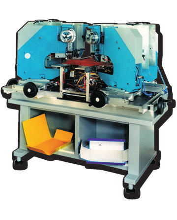 Special machine for fixing of flaps on 3-flaps folders Electro-pneumatic machine with four heads with automatic feeding of lateral flaps fed vertically from lateral containers.