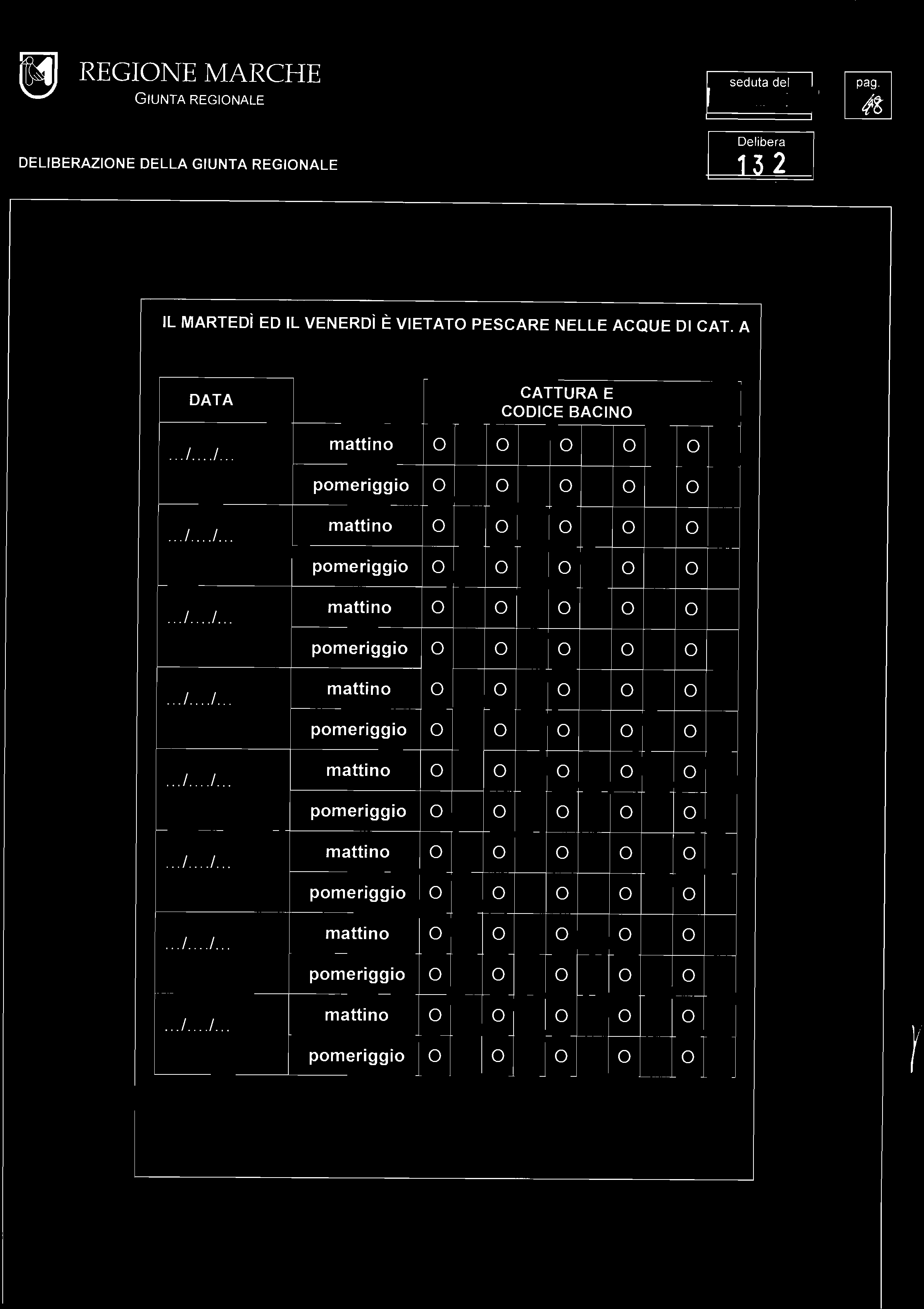 DELIBERAZIONE DELLA 2 IL MARTEDì ED IL VENERDì È VIETATO PESCARE NELLE ACQUE DI CAT. A.I. o DATA o o o o.i.