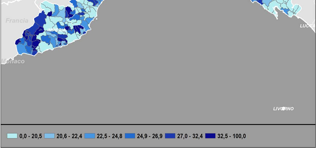 trent anni). La metà dei comuni si trova nella prima classe, con una quota di dipendenti giovani fino al 20,5 per cento (mediana); le restanti classi sono riferite ai cinque successivi decili.