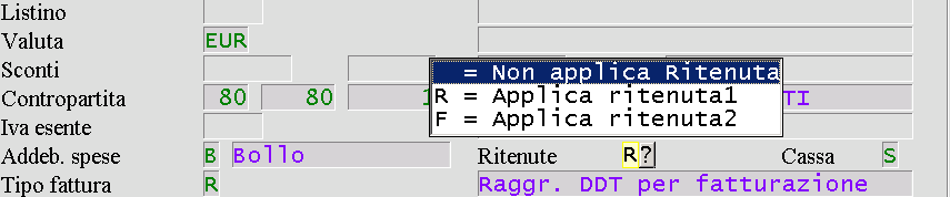 Nel campo Addebito Spese vengono lasciate solo le spese di bollo e degli effetti, mentre nel campo Ritenute le indicazioni per due tipi di ritenute le cui aliquote sono presenti nei