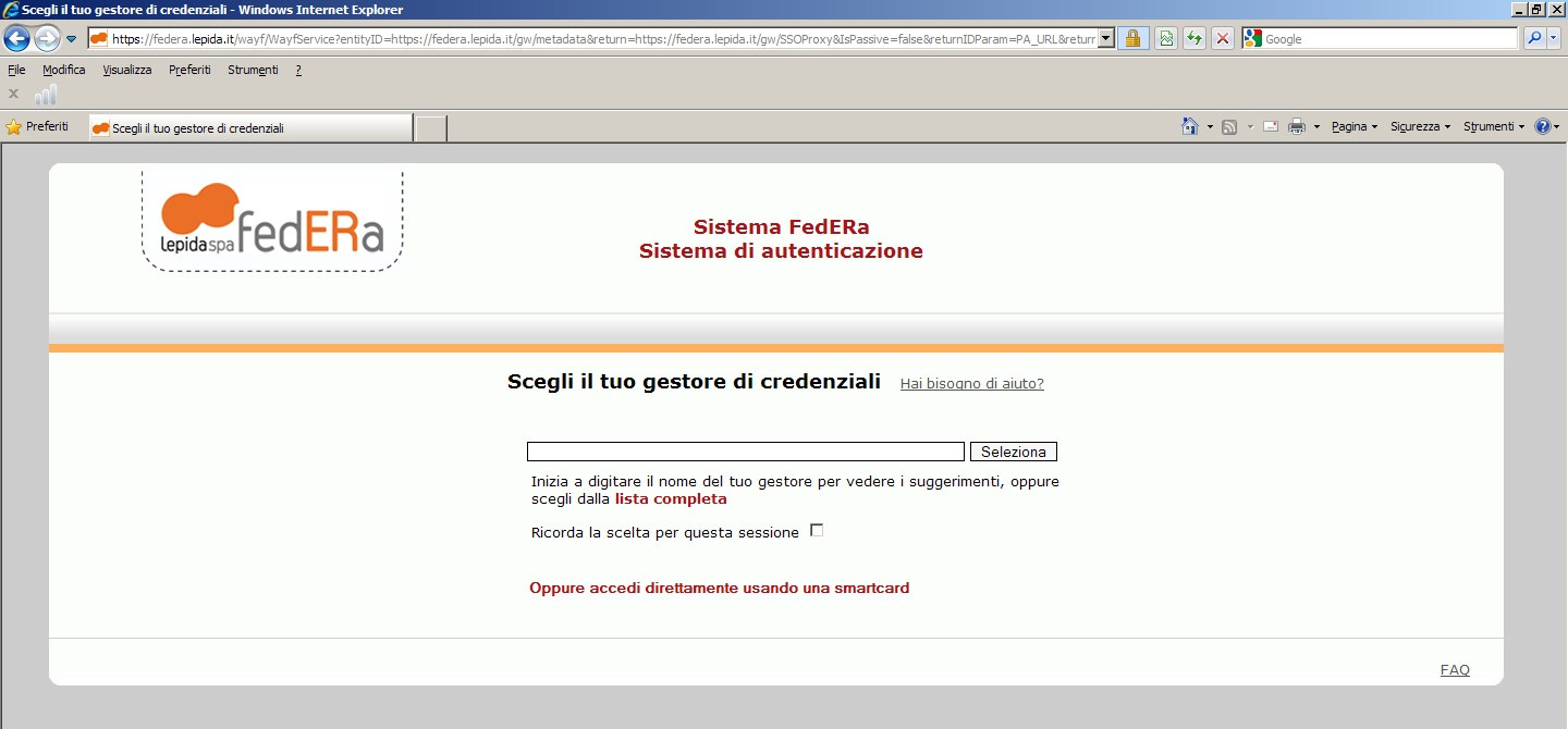 Digitare il proprio gestore di credenziali se le credenziali sono state rilasciate dall URP del Comune di