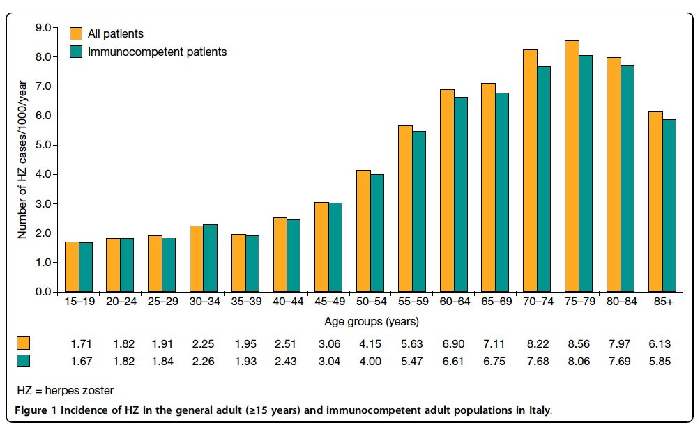 Herpes Zoster in Italia EPIDEMIOLOGIA - 24,2 milioni di persone oltre 50 anni di età - 153.000 nuovi casi di zoster/anno - incidenza annuale di 6.