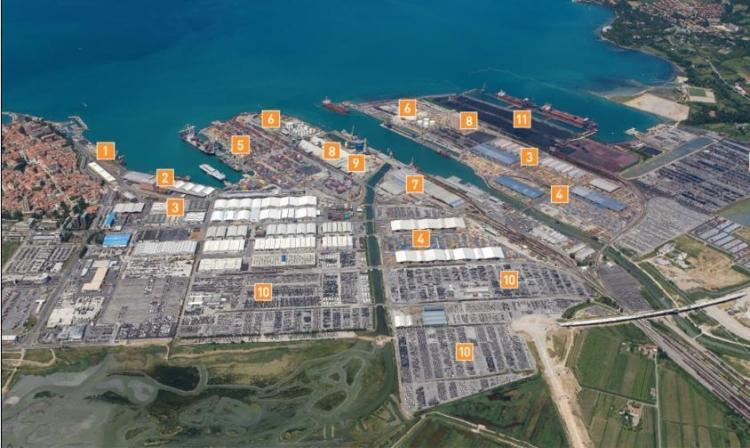 Porto di Capodistria DATI TERMINALI 2.720.000 mq - superficie complessiva del porto con zona franca 1. Terminal passeggeri 7. Terminal bestiame 247.000 mq - magazzini 2. Terminal frutta 8.