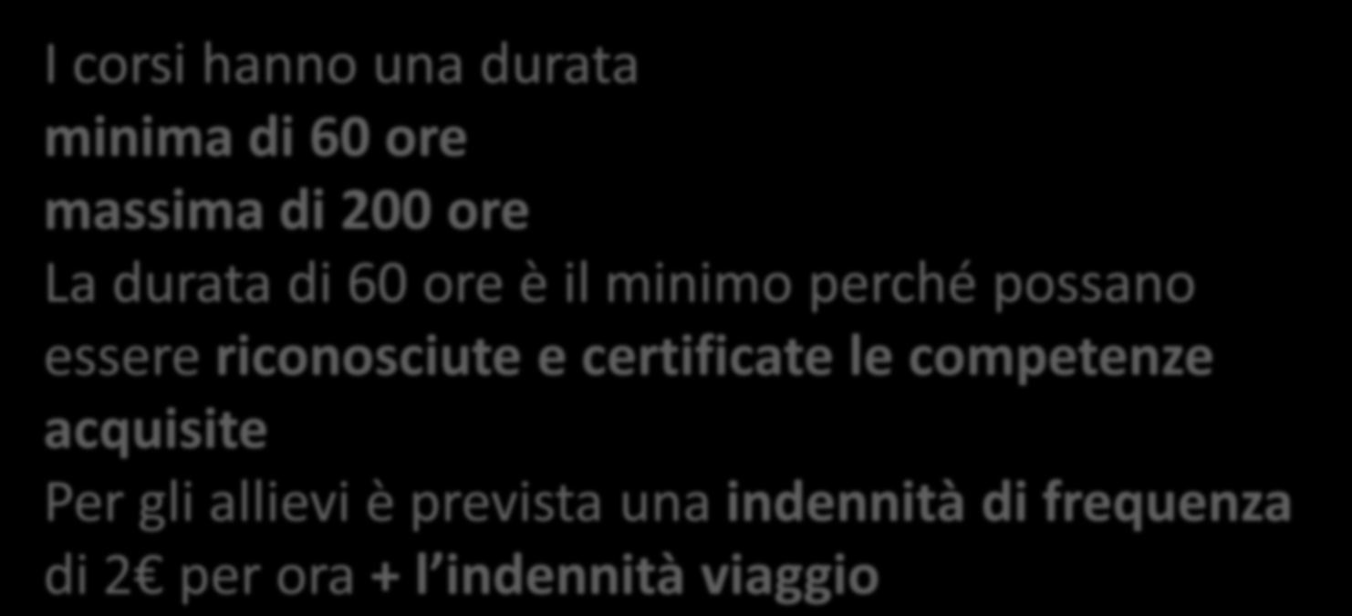 Formazione per l inserimento lavorativo Durata e indennità I corsi hanno una durata minima di 60 ore massima di 200 ore La durata di 60 ore è il minimo