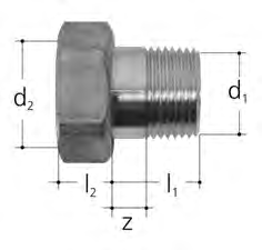 Raccordi per riduttori di pressione JRGURED Raccordo per tubo di ferro in ottone, con filettatura esterna e guarnizione. Art. No. DN d1 d2 l1 l2 z kg 8201.240 15 R ½ G ¾ 25.0 6.0 12 0.075 8201.