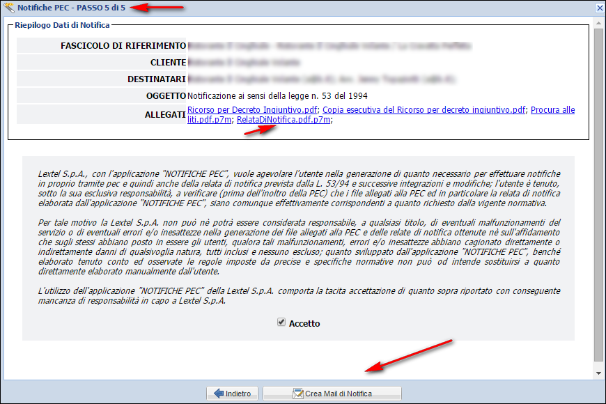 1.1.6 L E-MAIL DI NOTIFICA La nuova schermata riporta il riepilogo dei dati della notifica con l elenco degli allegati. Cliccando sul nome dell allegato, il file relativo potrà essere scaricato.