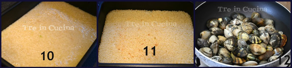 in una teglia bella grande (una di quelle da forno) mettiamo l olio e la cipollina tagliata. Facciamo soffriggere sul fuoco(7) poi aggiungiamo il riso e mescoliamo (8).