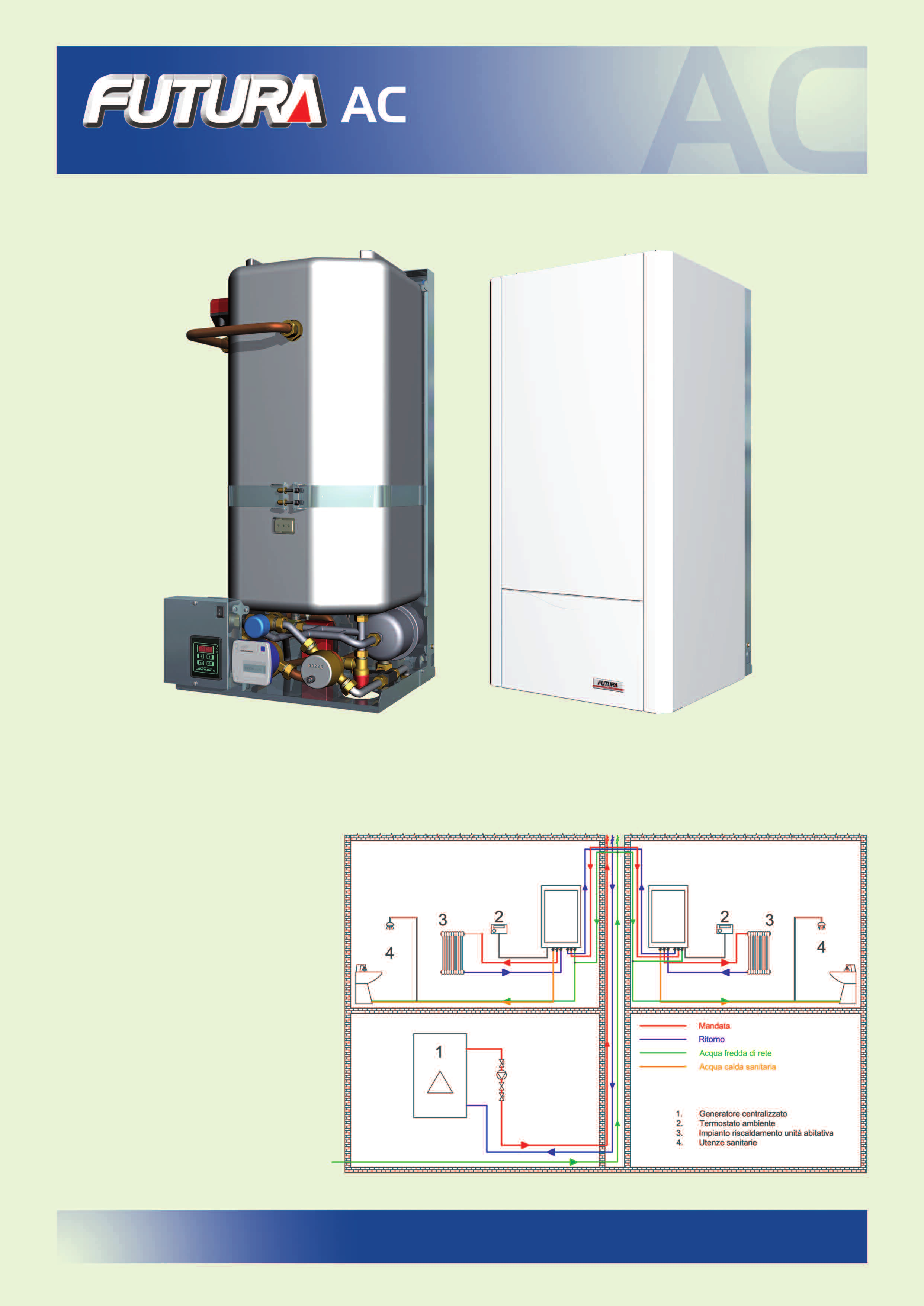 Contabilizzazione, riscaldamento e produzione acqua calda sanitaria con accumulo, bollitore e tubazioni sanitario in INOX Idraulica Modulo completo di mantello DESCRIZIONE ESEMPIO APPLICATIVO FUTURA