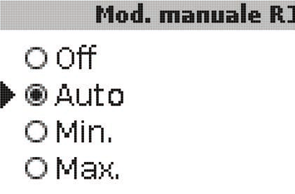Impostazione di fabbrica: Auto Il parametro Mod. manuale consente di impostare il modo operativo dei relè: Off Auto Min. (velocità minima) Max.