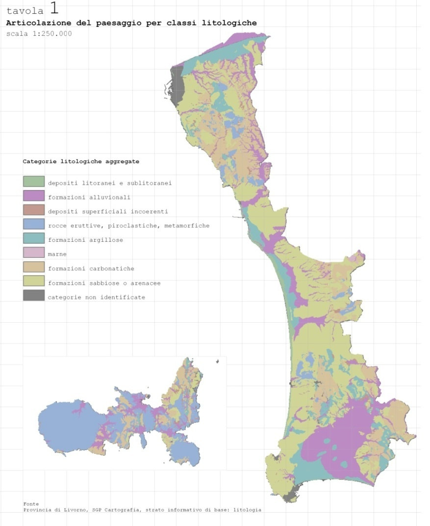 2 Appunti di Paesaggio - Tavole Analitiche Tematiche (1:250.000) Elaborazione di dati tematici di base 1. Articolazione del paesaggio per classi litologiche 2.