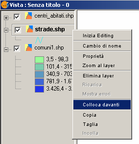 Figura 15 Menù per la gestione dei layer della Vista 6) Organizzare la vista L ordine di visualizzazione dei layer nella mappa segue quello della legenda, ossia il layer che si trova al primo posto