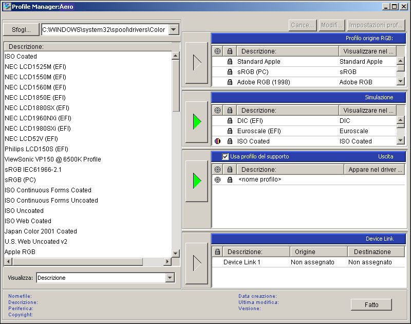 COLORWISE PRO TOOLS 34 PER TRASFERIRE I PROFILI DEVICE LINK USANDO PROFILE MANAGER 1 In Profile Manager, se il profilo Device Link non compare nell elenco Descrizione, selezionare la cartella che