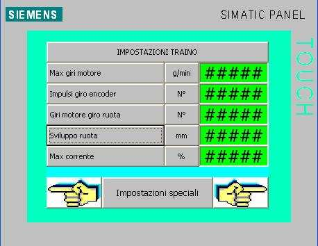 SPECIALI TRAINO Max giri motore g/min Impostazione giri nominali motore Impulsi giro encoder N Impostazione impulsi per giro encoder motore Giri motore giri ruota N Impostazione numero di